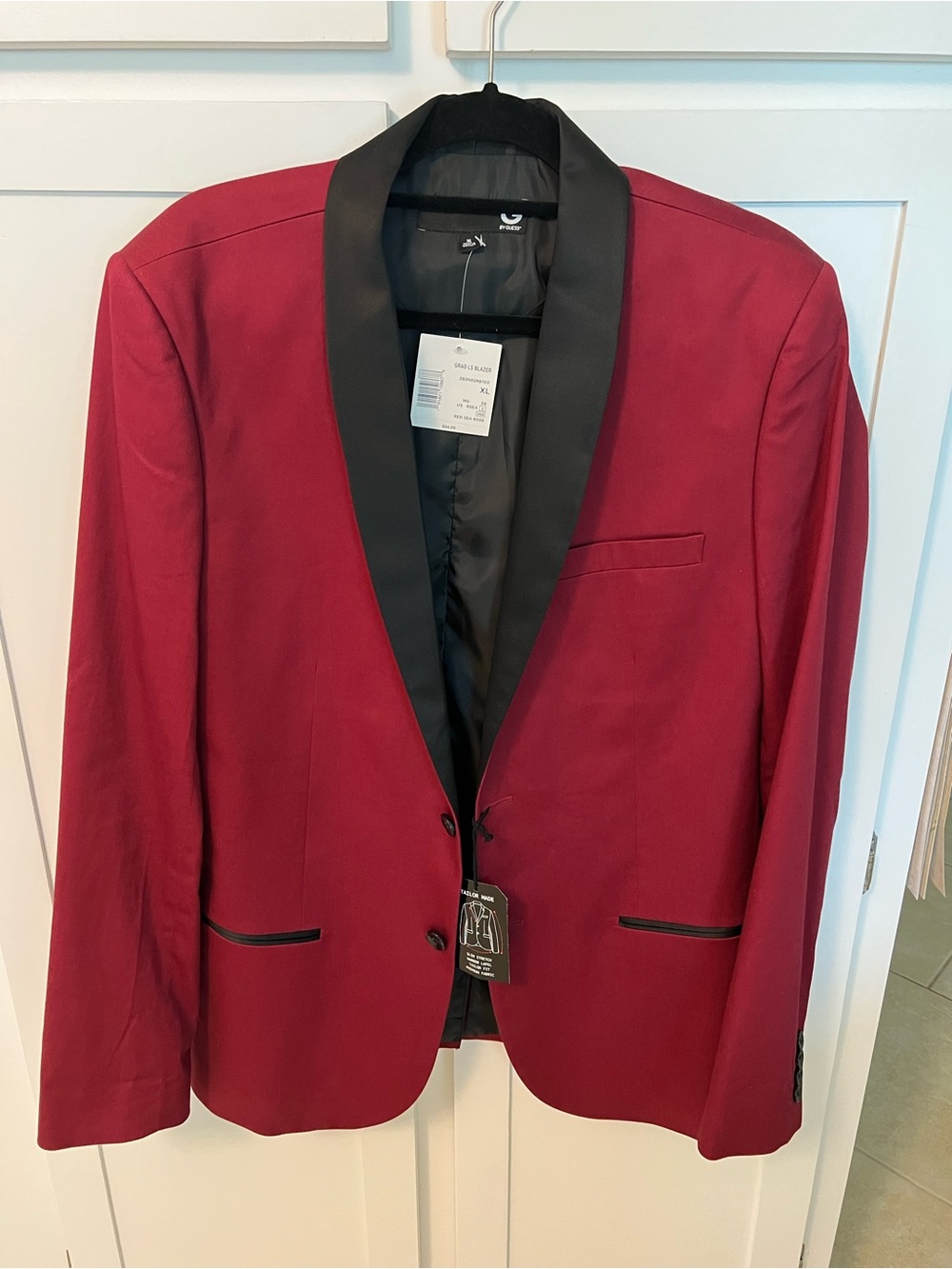 Guess Men's Burgundy Tuxedo Blazer with Black Satin Shawl Collar
